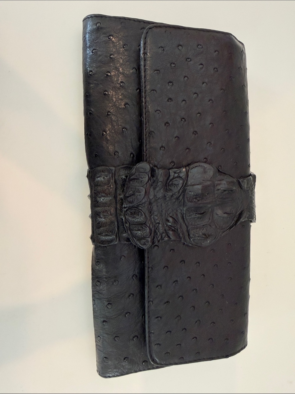 Women’s Black Ostrich-Texture Croc-Accent Wallet Clutch